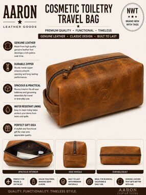 NWT Aaron Leather Goods Cosmetic Toiletry Bag Travel Dopp Kit Tan